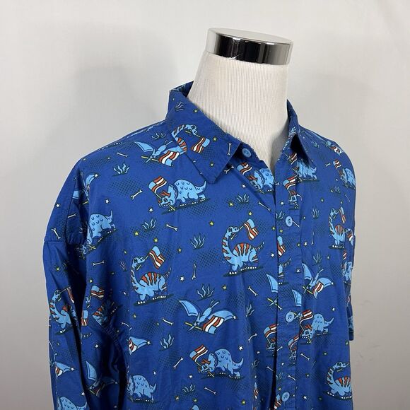Tipsy Elves 4XL Hawaiian 4th of July Shirt Dinosaurs USA Flags Blue Short Sleeve - Picture 1 of 4